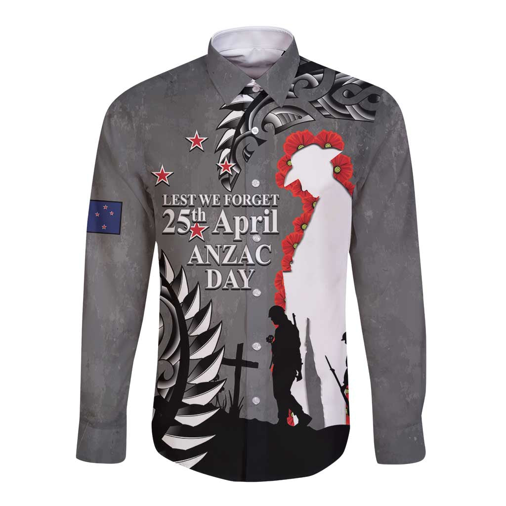 New Zealand ANZAC Day Long Sleeve Button Shirt 25th April Silver Fern With Poppy LT14 Unisex Gray - Polynesian Pride