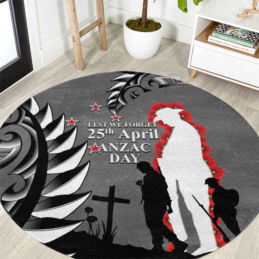 New Zealand ANZAC Day Round Carpet 25th April Silver Fern With Poppy LT14 Gray - Polynesian Pride