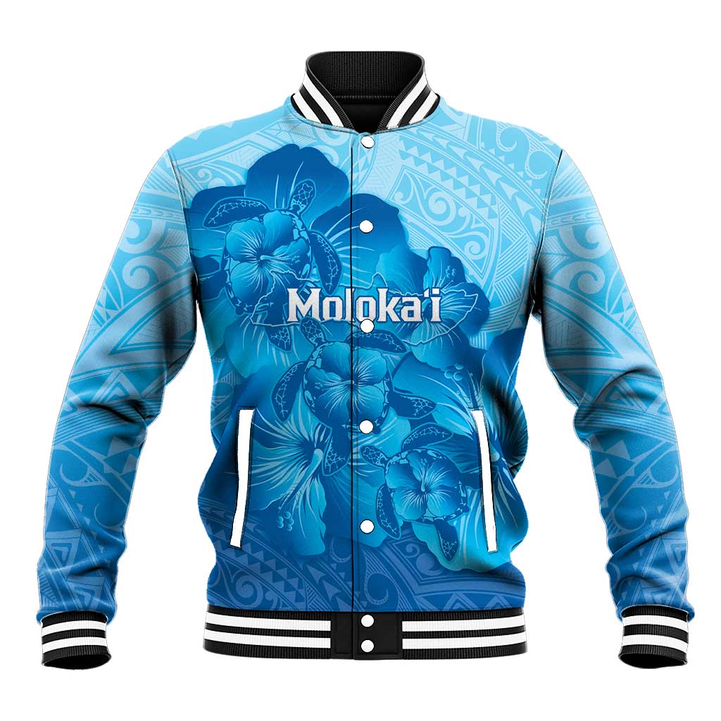 Aloha Hawaii Molokai Island Baseball Jacket Hibiscus Tribal Honu Hawaiian Tattoo LT14 Unisex Blue - Polynesian Pride