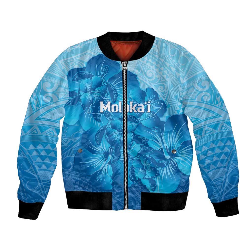 Aloha Hawaii Molokai Island Bomber Jacket Hibiscus Tribal Honu Hawaiian Tattoo LT14 Unisex Blue - Polynesian Pride