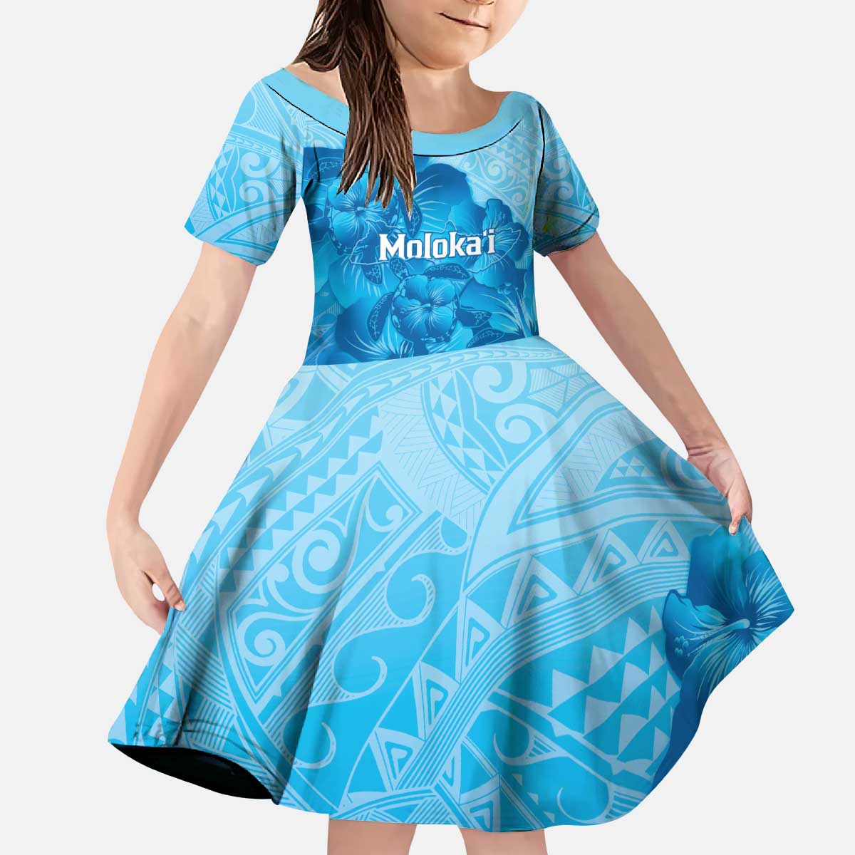 Aloha Hawaii Molokai Island Kid Short Sleeve Dress Hibiscus Tribal Honu Hawaiian Tattoo LT14 KID Blue - Polynesian Pride