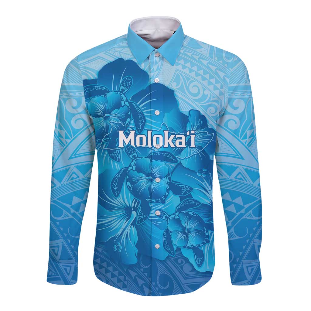 Aloha Hawaii Molokai Island Long Sleeve Button Shirt Hibiscus Tribal Honu Hawaiian Tattoo LT14 Unisex Blue - Polynesian Pride