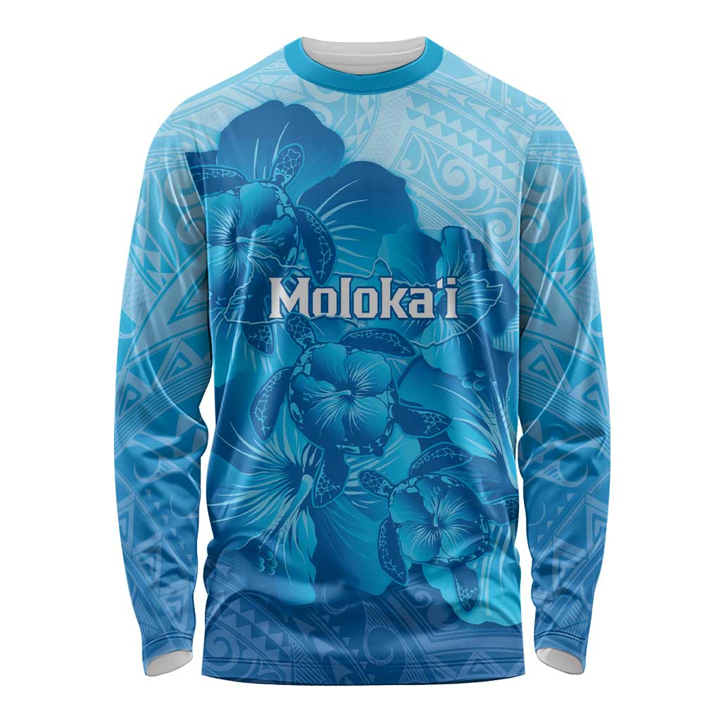 Aloha Hawaii Molokai Island Long Sleeve Shirt Hibiscus Tribal Honu Hawaiian Tattoo LT14 Unisex Blue - Polynesian Pride