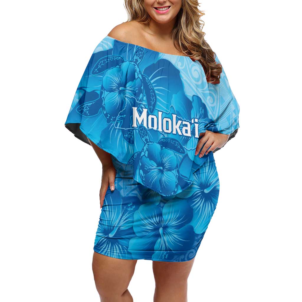 Aloha Hawaii Molokai Island Off Shoulder Short Dress Hibiscus Tribal Honu Hawaiian Tattoo LT14 Women Blue - Polynesian Pride