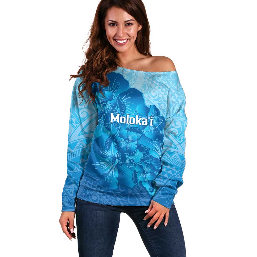 Aloha Hawaii Molokai Island Off Shoulder Sweater Hibiscus Tribal Honu Hawaiian Tattoo LT14 Women Blue - Polynesian Pride
