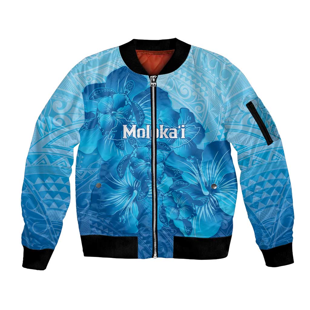 Aloha Hawaii Molokai Island Sleeve Zip Bomber Jacket Hibiscus Tribal Honu Hawaiian Tattoo LT14 Unisex Blue - Polynesian Pride