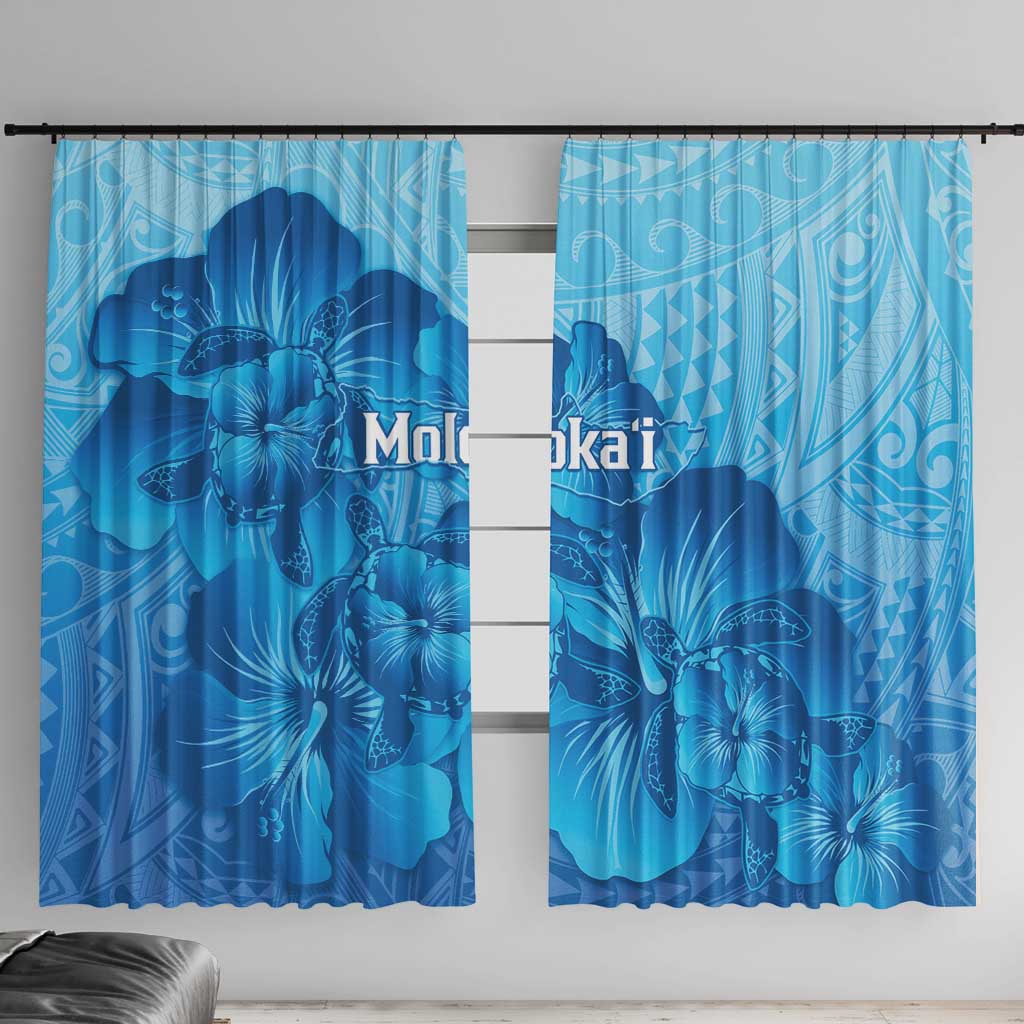 Aloha Hawaii Molokai Island Window Curtain Hibiscus Tribal Honu Hawaiian Tattoo LT14 With Hooks Blue - Polynesian Pride