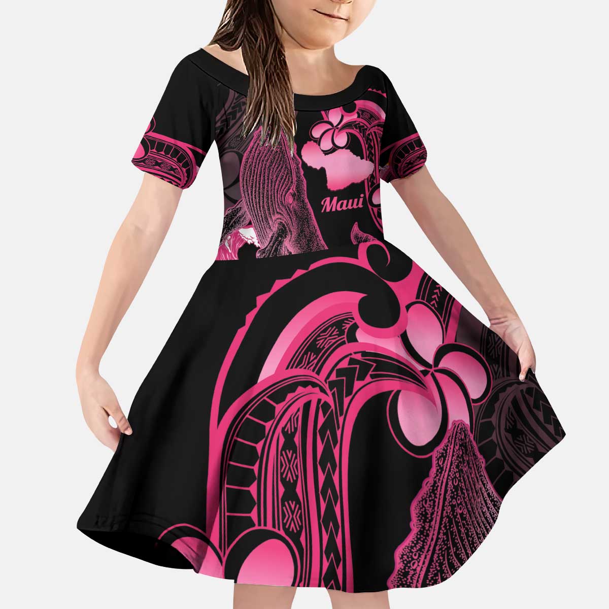 Aloha Hawaii Maui Kid Short Sleeve Dress Valley Isle Humpback Whale Black LT14 KID Black - Polynesian Pride