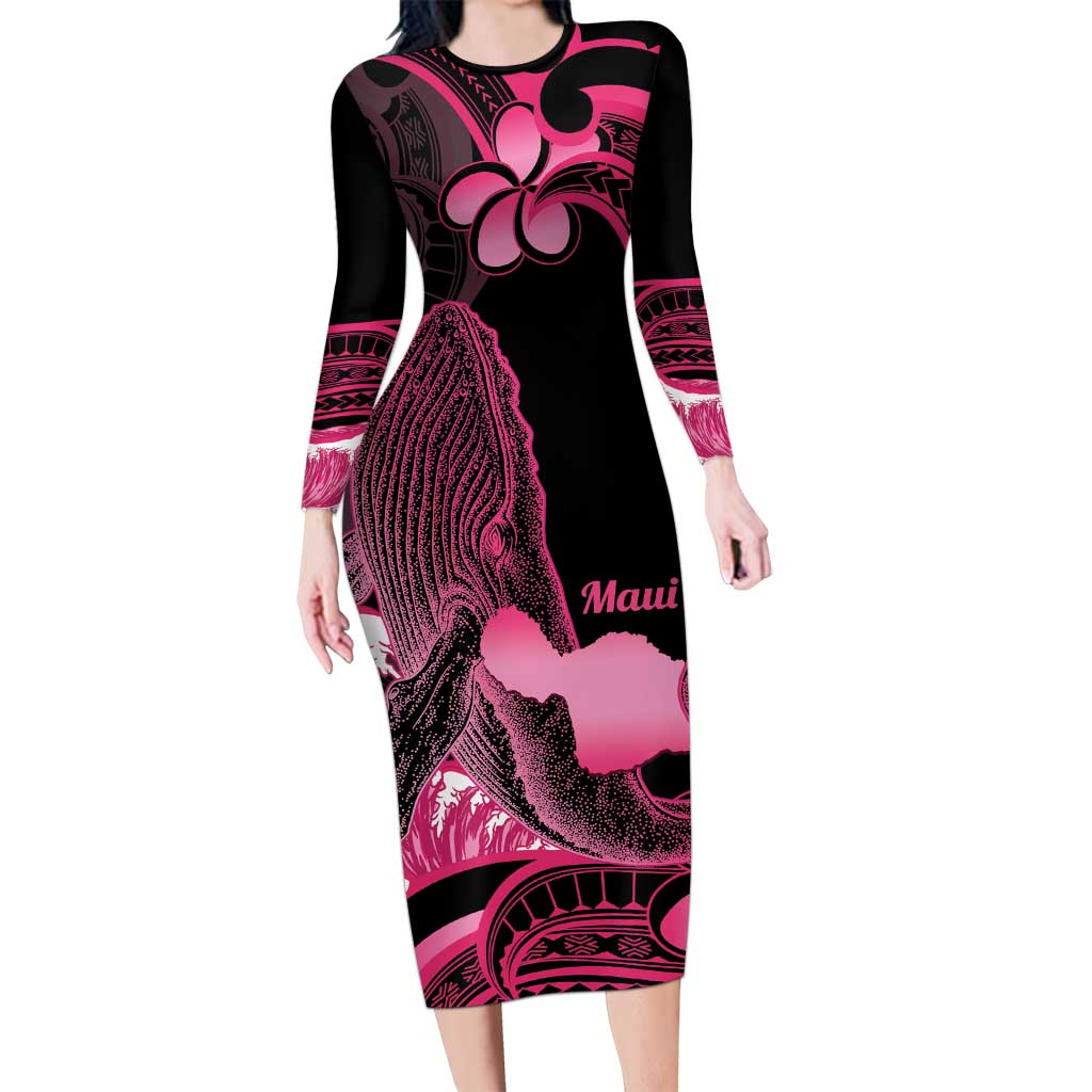 Aloha Hawaii Maui Long Sleeve Bodycon Dress Valley Isle Humpback Whale Black LT14 Long Dress Black - Polynesian Pride