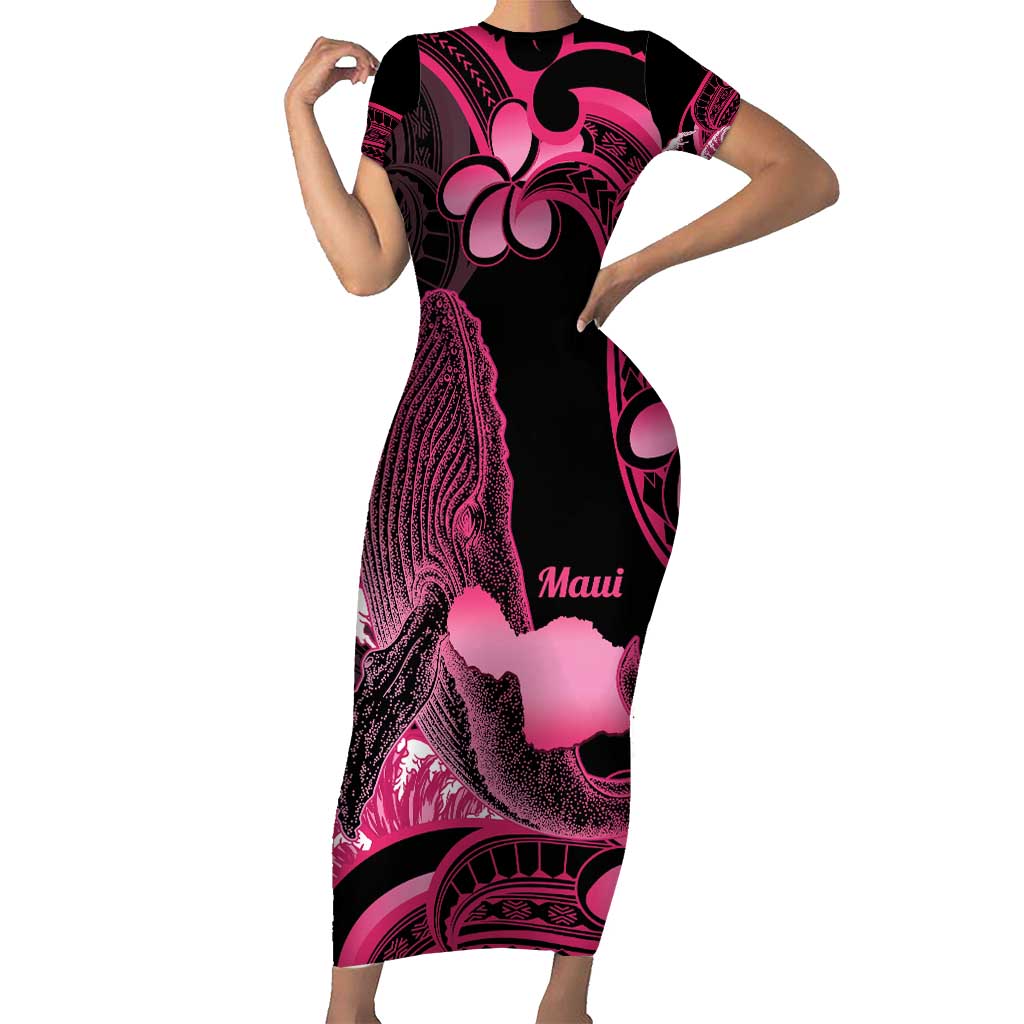 Aloha Hawaii Maui Short Sleeve Bodycon Dress Valley Isle Humpback Whale Black LT14 Long Dress Black - Polynesian Pride