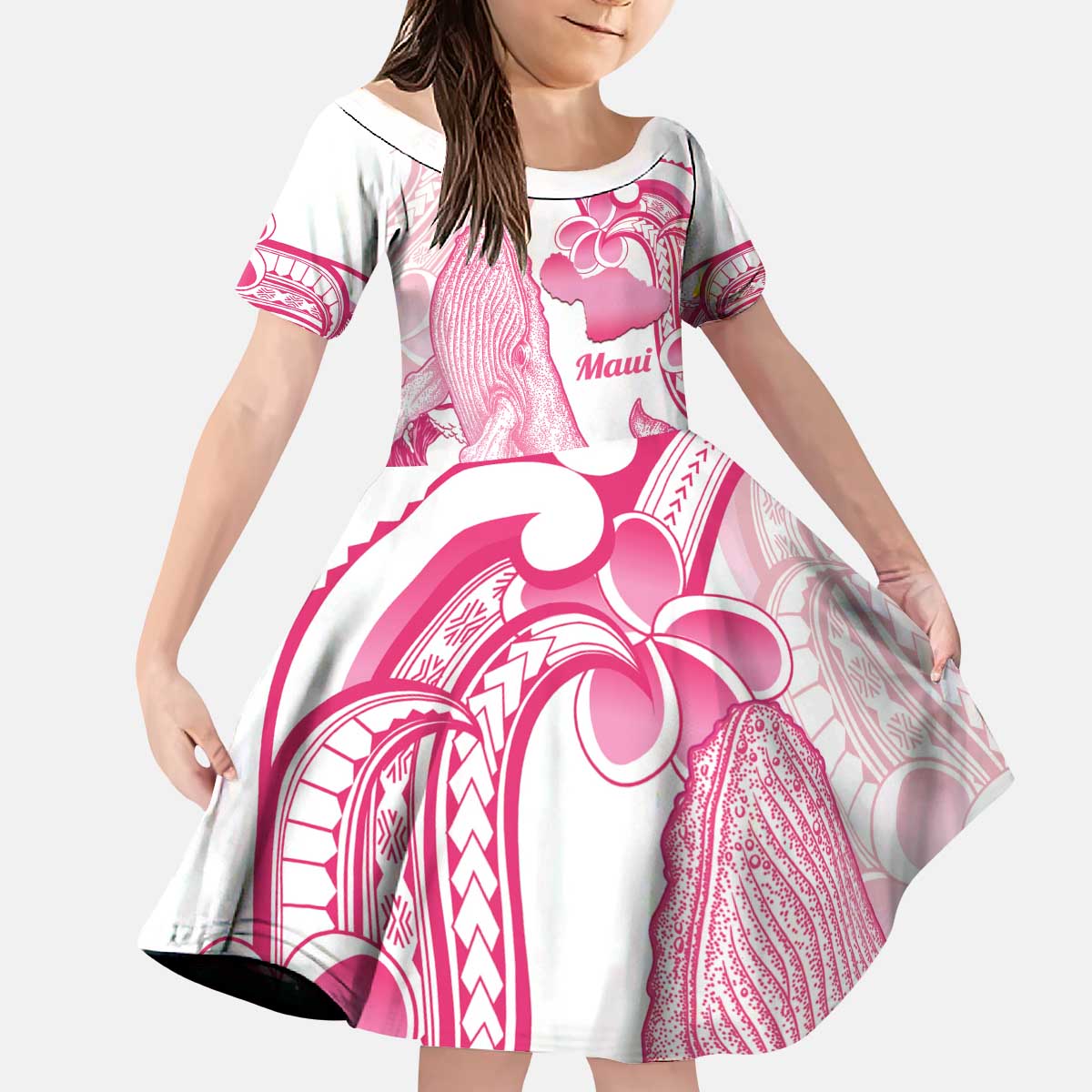 Aloha Hawaii Maui Kid Short Sleeve Dress Valley Isle Humpback Whale White LT14 KID White - Polynesian Pride