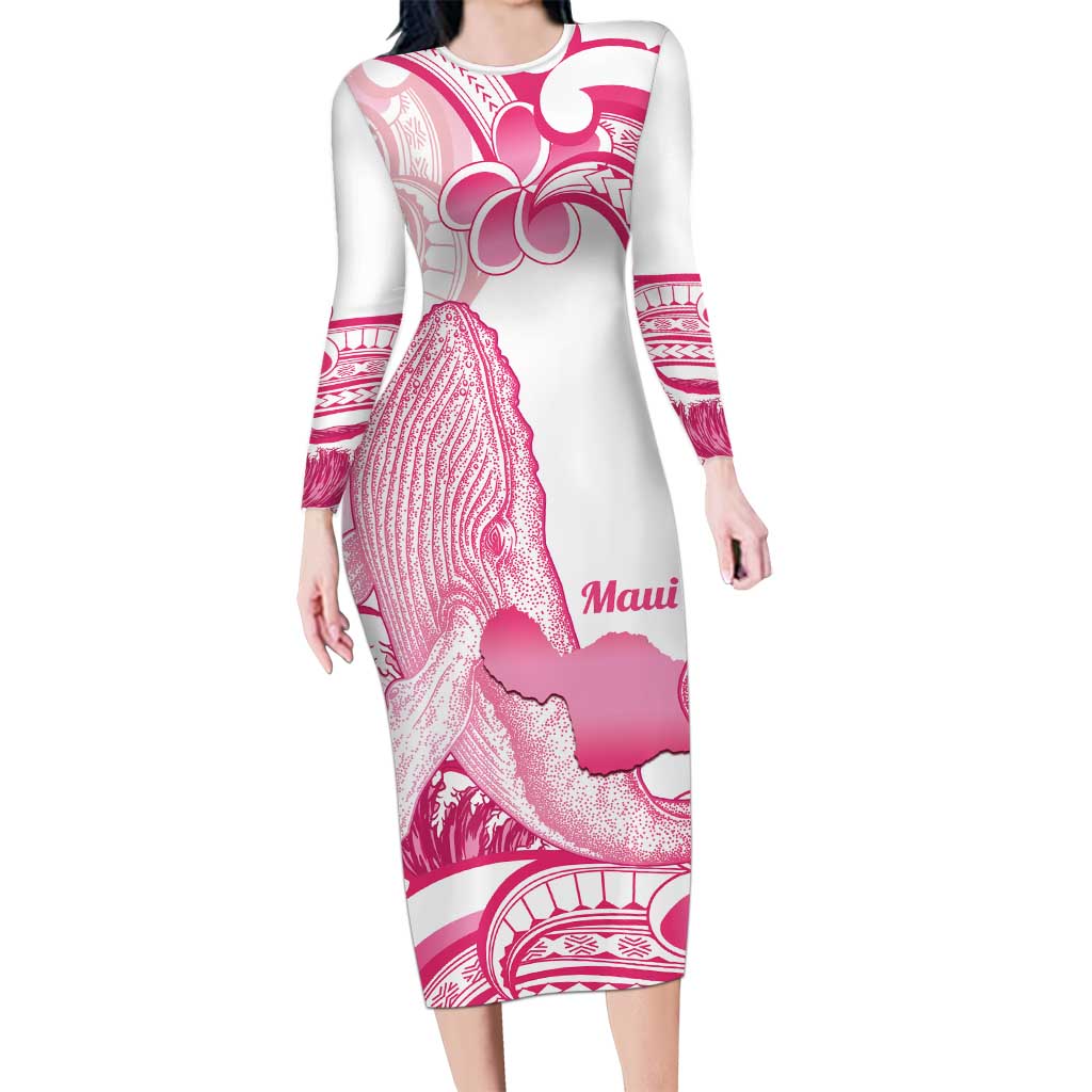 Aloha Hawaii Maui Long Sleeve Bodycon Dress Valley Isle Humpback Whale White LT14 Long Dress White - Polynesian Pride