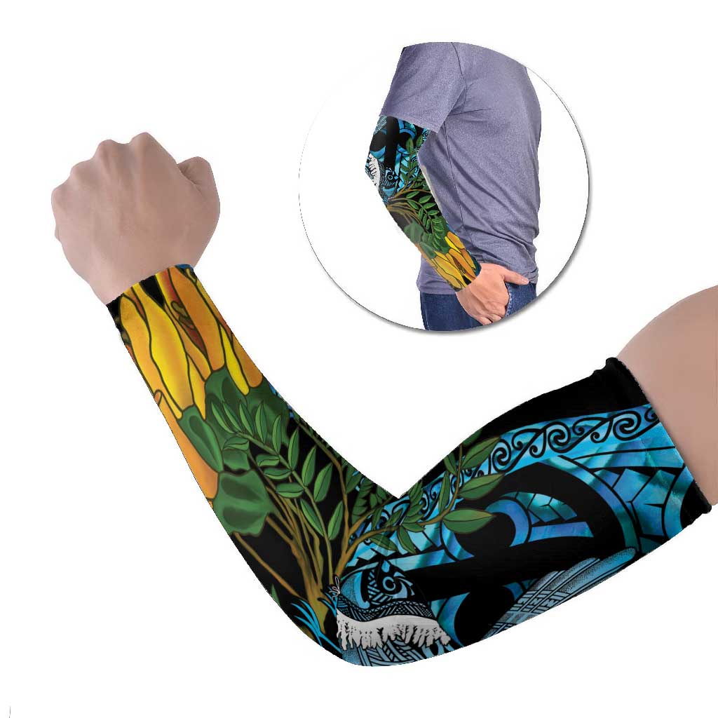 Turquoise New Zealand Kowhai And Piwakawaka Arm Sleeves Maori Ngaru Paua Shell LT14 Set of 2 Turquoise - Polynesian Pride