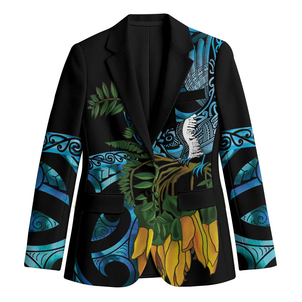 Turquoise New Zealand Kowhai And Piwakawaka Blazer Maori Ngaru Paua Shell LT14 Unisex Turquoise - Polynesian Pride