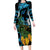 Turquoise New Zealand Kowhai And Piwakawaka Long Sleeve Bodycon Dress Maori Ngaru Paua Shell