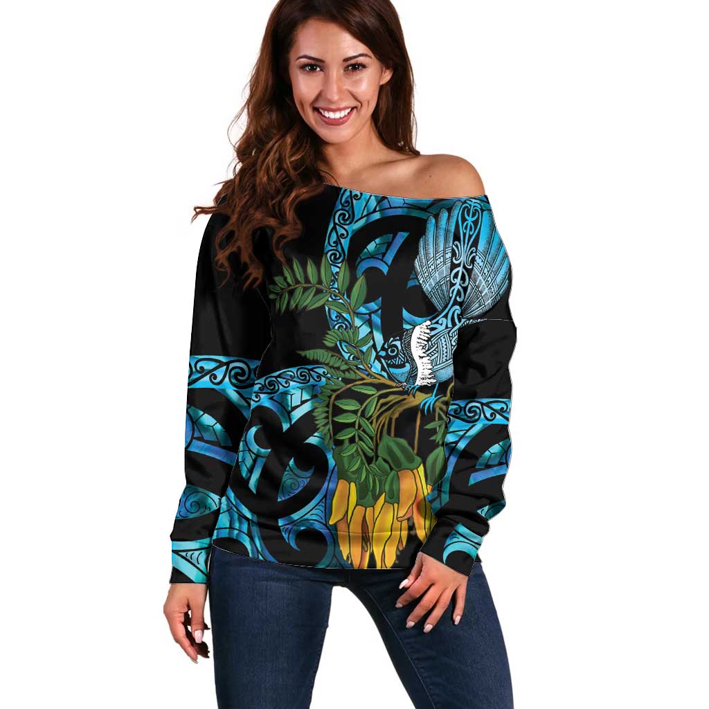 Turquoise New Zealand Kowhai And Piwakawaka Off Shoulder Sweater Maori Ngaru Paua Shell LT14 Women Turquoise - Polynesian Pride