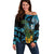 Turquoise New Zealand Kowhai And Piwakawaka Off Shoulder Sweater Maori Ngaru Paua Shell