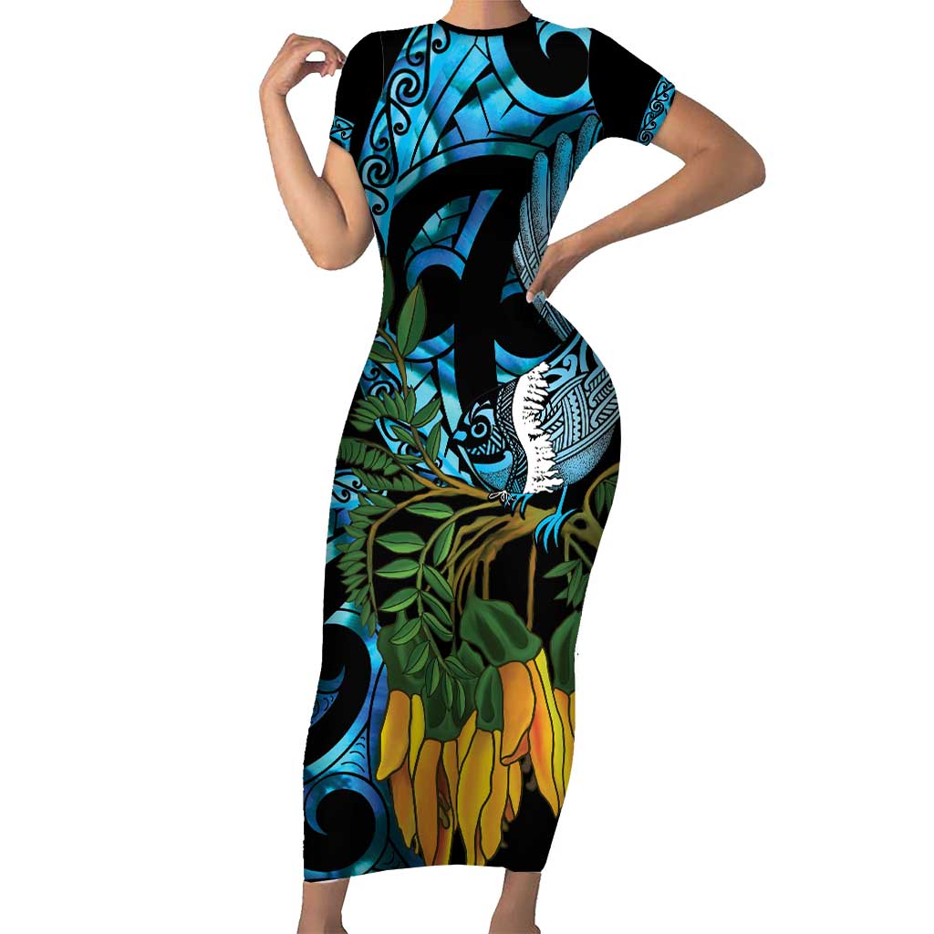 Turquoise New Zealand Kowhai And Piwakawaka Short Sleeve Bodycon Dress Maori Ngaru Paua Shell