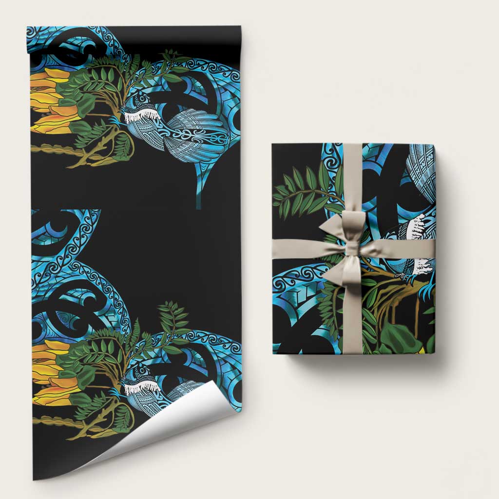 Turquoise New Zealand Kowhai And Piwakawaka Wrapping Paper Maori Ngaru Paua Shell LT14 58" × 23" Turquoise - Polynesian Pride