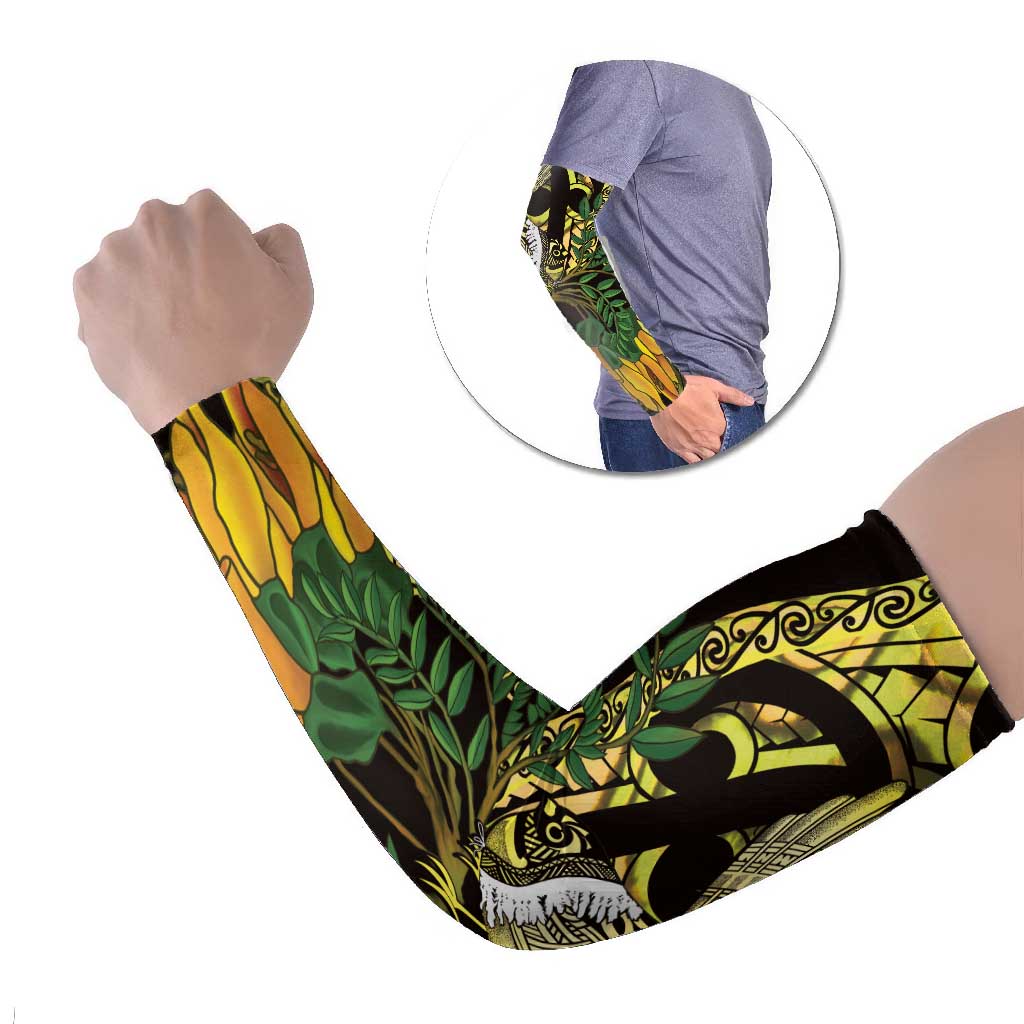 Yellow New Zealand Kowhai And Piwakawaka Arm Sleeves Maori Ngaru Paua Shell LT14 Set of 2 Yellow - Polynesian Pride