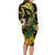 Yellow New Zealand Kowhai And Piwakawaka Long Sleeve Bodycon Dress Maori Ngaru Paua Shell