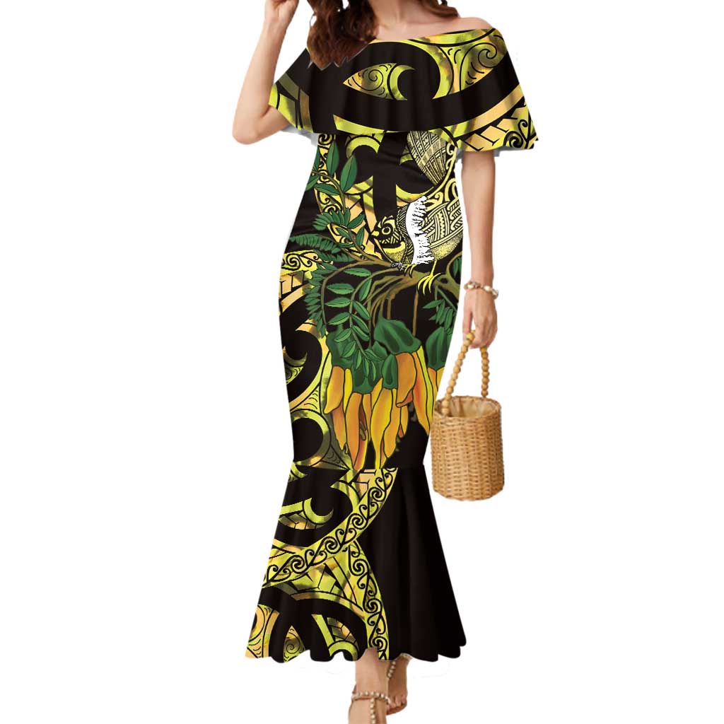 Yellow New Zealand Kowhai And Piwakawaka Mermaid Dress Maori Ngaru Paua Shell