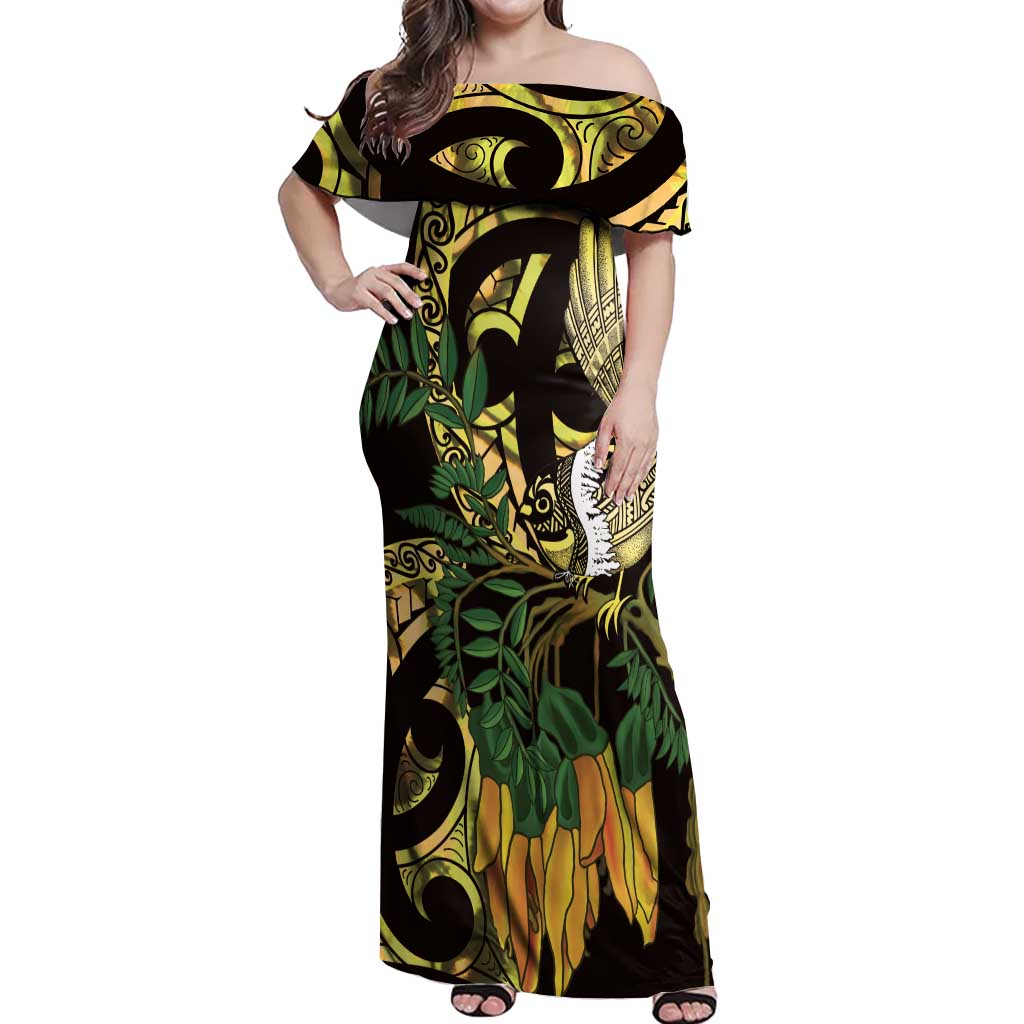 Yellow New Zealand Kowhai And Piwakawaka Off Shoulder Maxi Dress Maori Ngaru Paua Shell