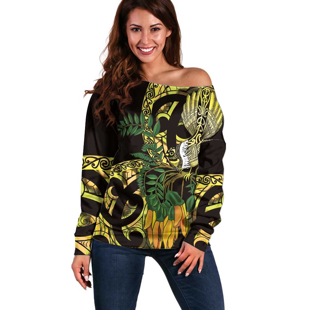 Yellow New Zealand Kowhai And Piwakawaka Off Shoulder Sweater Maori Ngaru Paua Shell LT14 Women Yellow - Polynesian Pride
