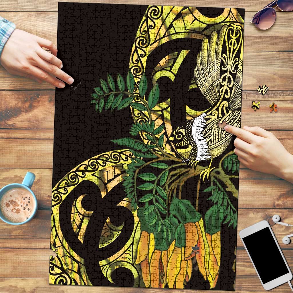 Yellow New Zealand Kowhai And Piwakawaka Puzzle Maori Ngaru Paua Shell LT14 Yellow - Polynesian Pride