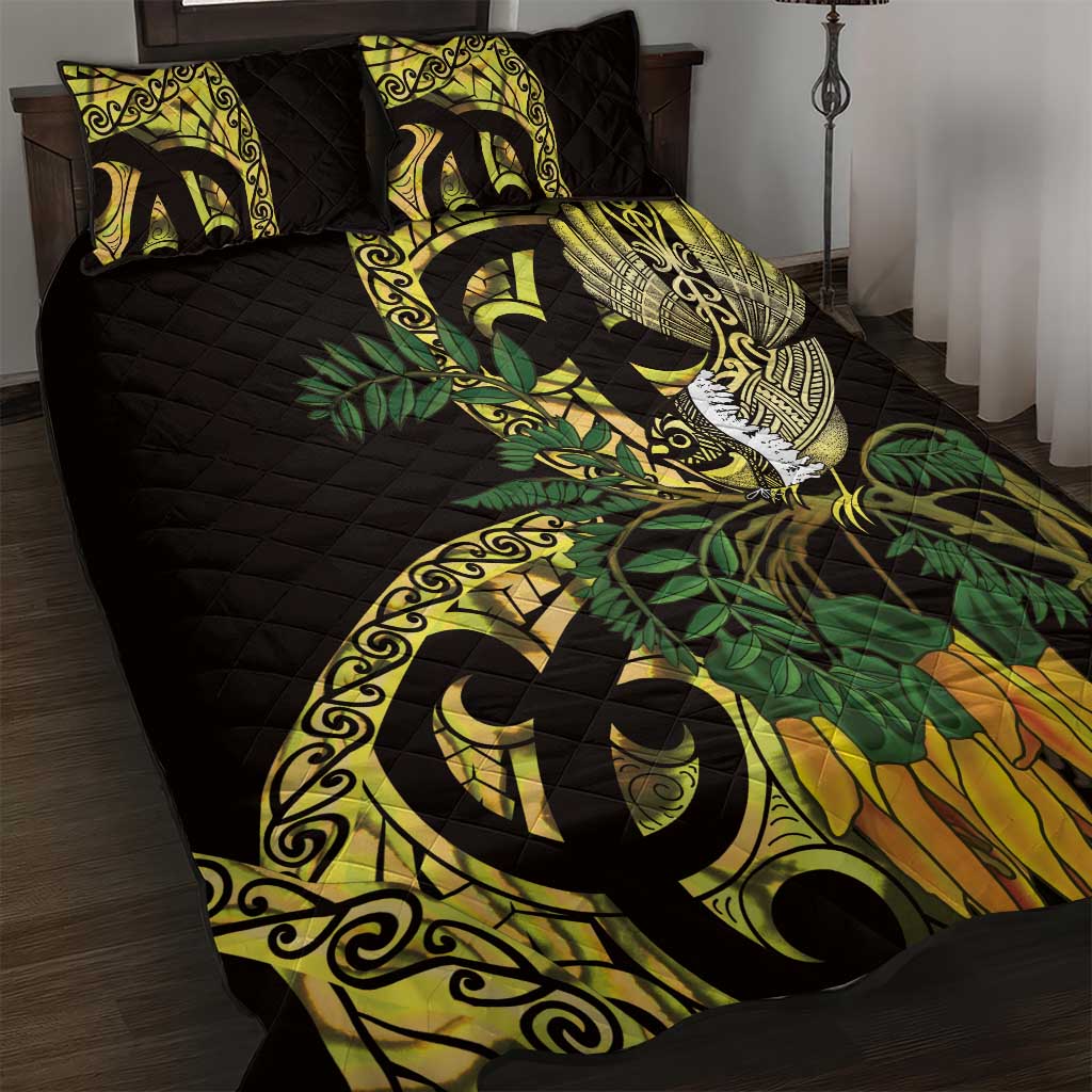 Yellow New Zealand Kowhai And Piwakawaka Quilt Bed Set Maori Ngaru Paua Shell