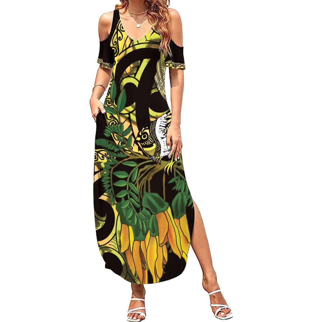 Yellow New Zealand Kowhai And Piwakawaka Summer Maxi Dress Maori Ngaru Paua Shell