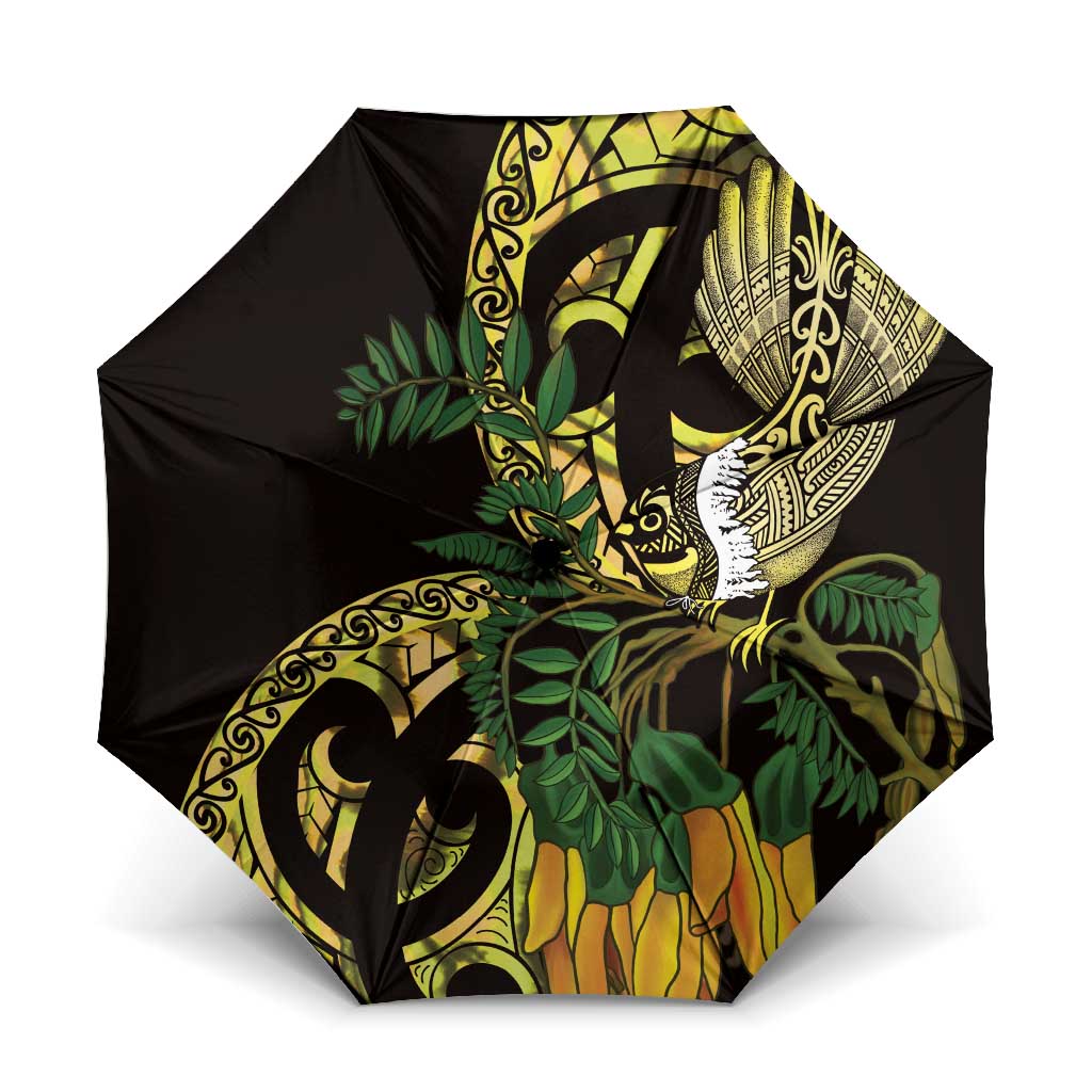 Yellow New Zealand Kowhai And Piwakawaka Umbrella Maori Ngaru Paua Shell LT14 One Size Folded 11.42 inch Opened Diameter 37.4 inch Yellow - Polynesian Pride