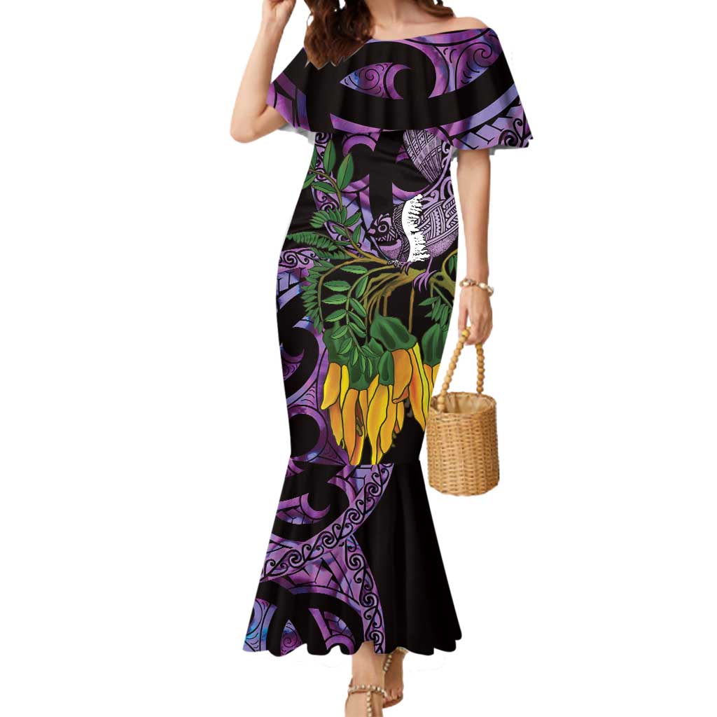 Purple New Zealand Kowhai And Piwakawaka Mermaid Dress Maori Ngaru Paua Shell