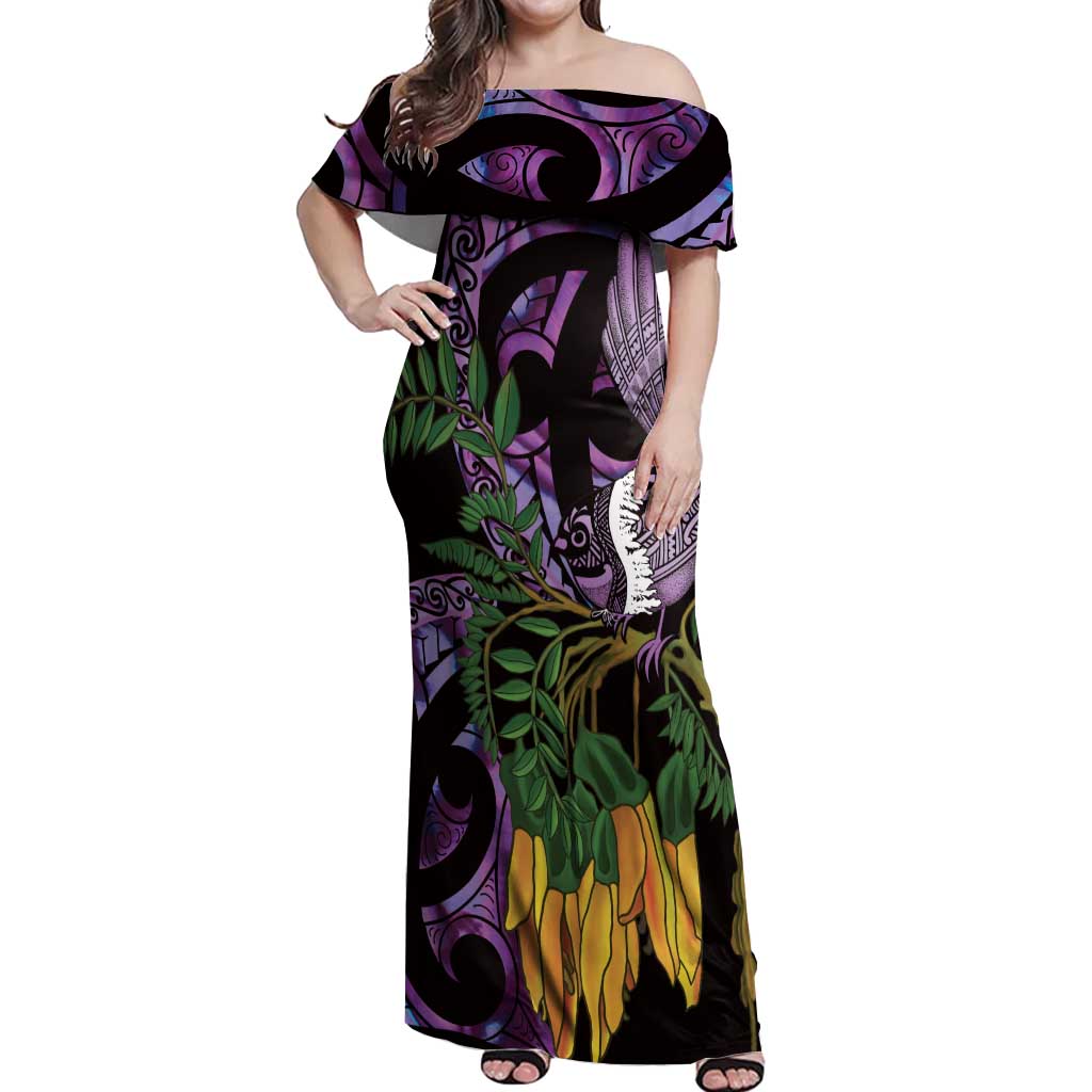 Purple New Zealand Kowhai And Piwakawaka Off Shoulder Maxi Dress Maori Ngaru Paua Shell