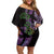 Purple New Zealand Kowhai And Piwakawaka Off Shoulder Short Dress Maori Ngaru Paua Shell