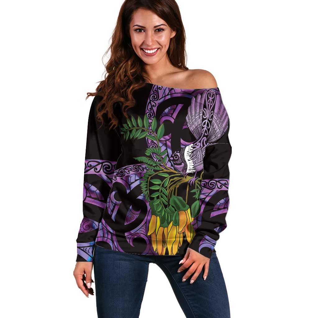 Purple New Zealand Kowhai And Piwakawaka Off Shoulder Sweater Maori Ngaru Paua Shell LT14 Women Purple - Polynesian Pride