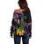 Purple New Zealand Kowhai And Piwakawaka Off Shoulder Sweater Maori Ngaru Paua Shell