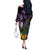 Purple New Zealand Kowhai And Piwakawaka Off The Shoulder Long Sleeve Dress Maori Ngaru Paua Shell