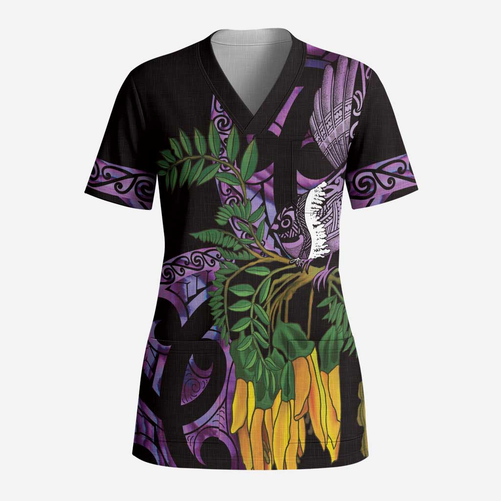 Purple New Zealand Kowhai And Piwakawaka Scrub Top Maori Ngaru Paua Shell LT14 Adult Purple - Polynesian Pride