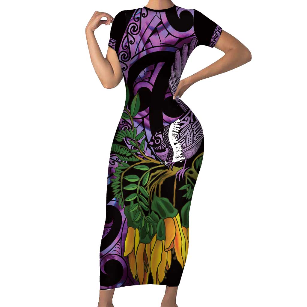 Purple New Zealand Kowhai And Piwakawaka Short Sleeve Bodycon Dress Maori Ngaru Paua Shell