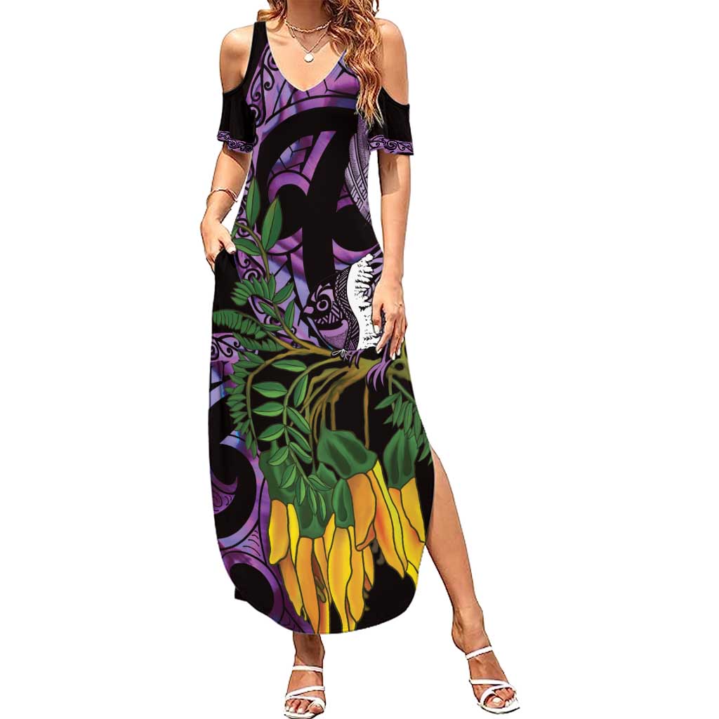 Purple New Zealand Kowhai And Piwakawaka Summer Maxi Dress Maori Ngaru Paua Shell