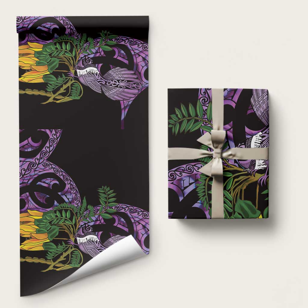 Purple New Zealand Kowhai And Piwakawaka Wrapping Paper Maori Ngaru Paua Shell LT14 58" × 23" Purple - Polynesian Pride