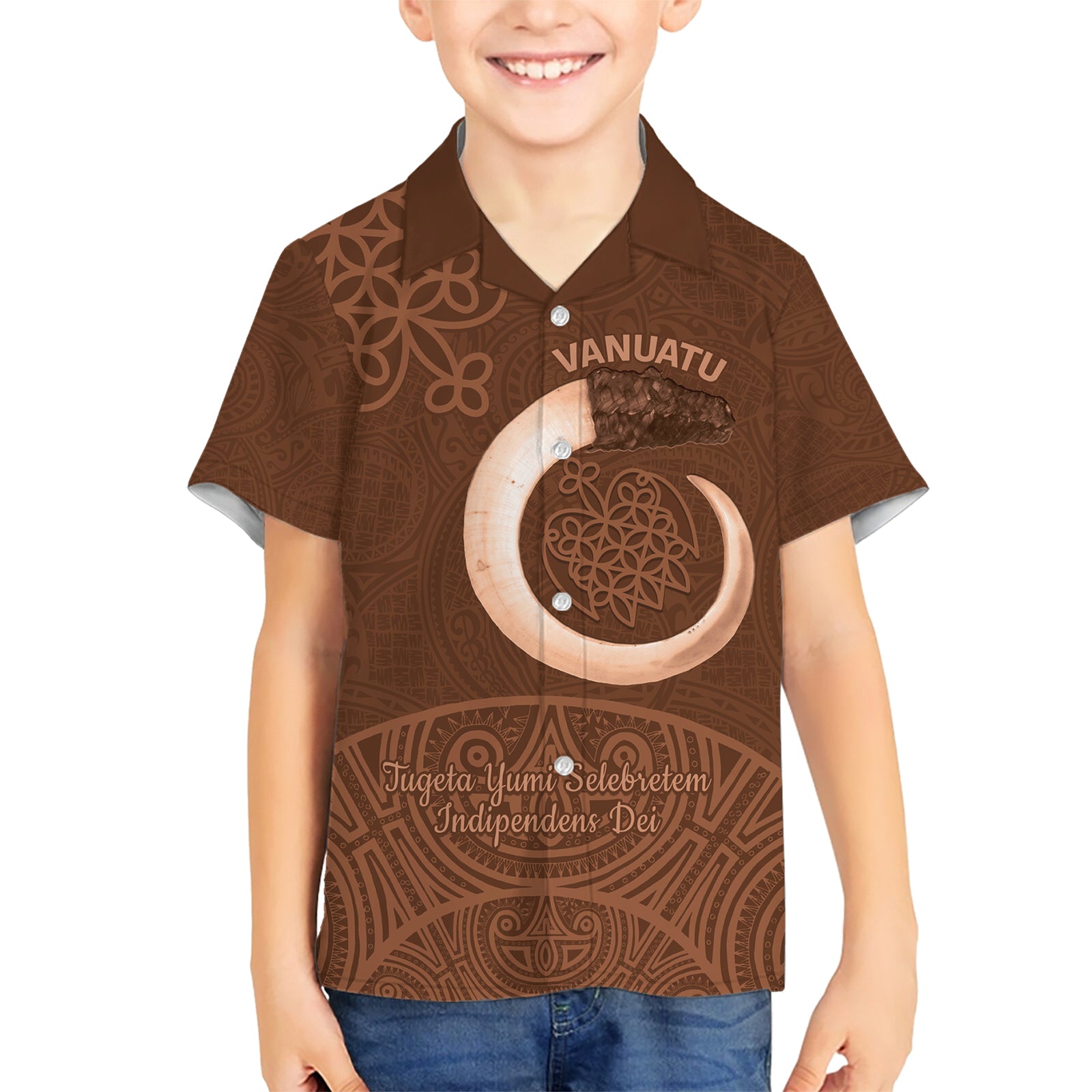 Vanuatu Indipendens Dei Kid Hawaiian Shirt Yumi Sand Drawing Turtle Mix Lapita LT14 Kid Brown - Polynesian Pride