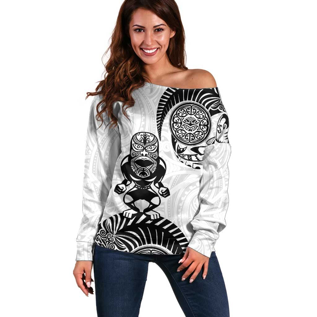 Custom Aotearoa Football Off Shoulder Sweater NZ Maori Tiki Go Champions LT14 Women White - Polynesian Pride