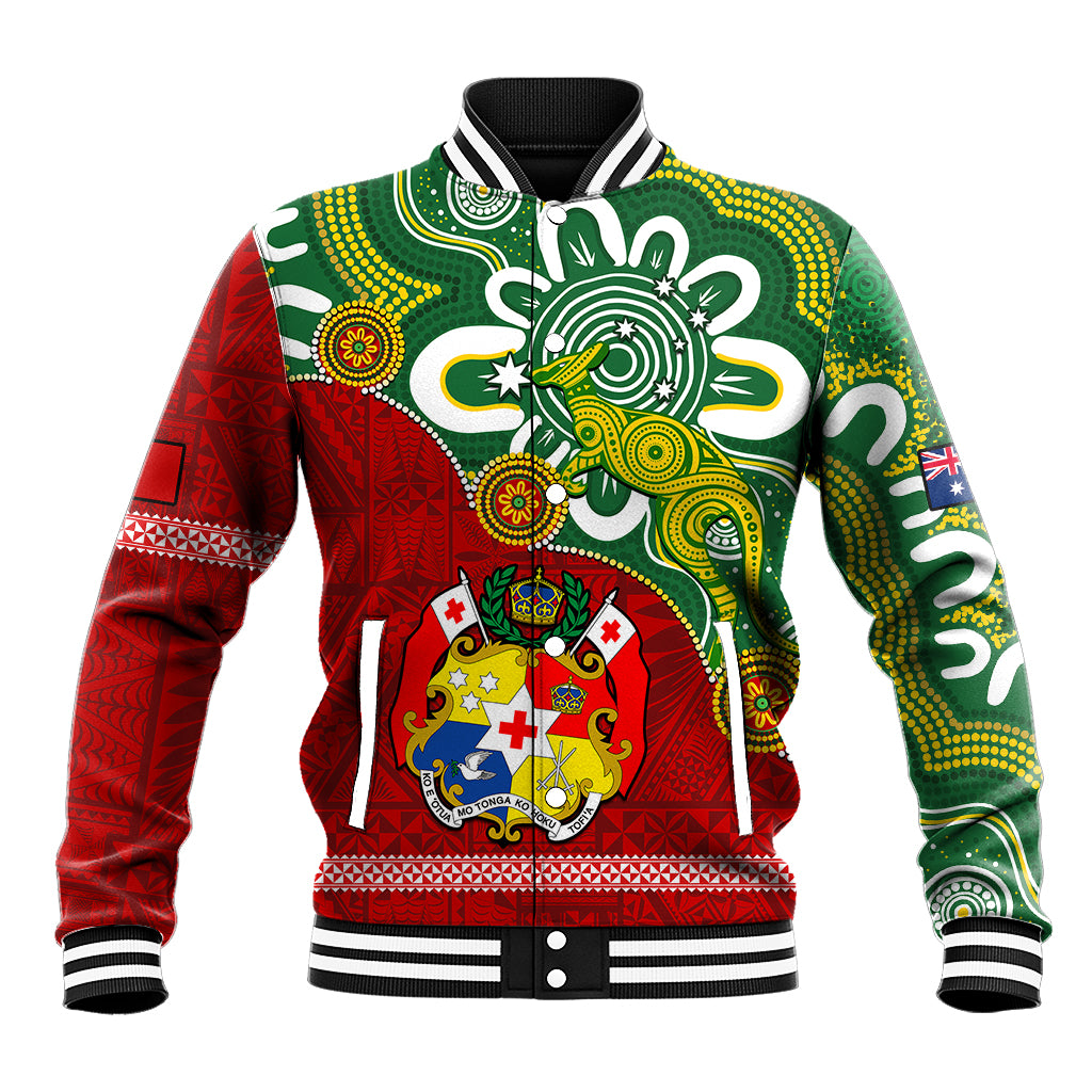 Personalised Australia And Tonga Baseball Jacket Aboriginal Mix Tongan Ngatu Unique Style LT14 Unisex Green - Polynesian Pride