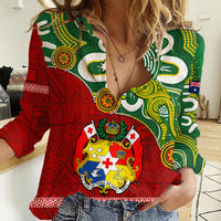 Personalised Australia And Tonga Women Casual Shirt Aboriginal Mix Tongan Ngatu Unique Style LT14 Female Green - Polynesian Pride
