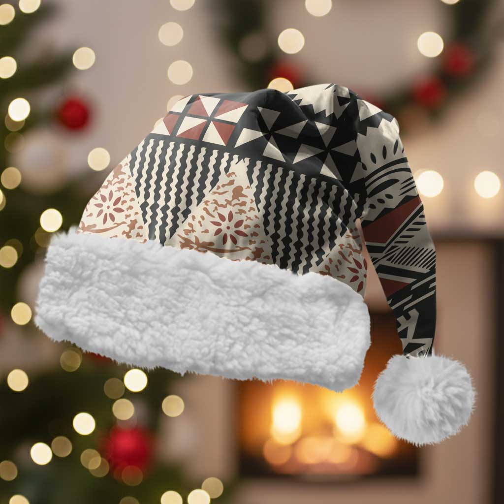 Vintage Bula Fiji Masi Christmas Santa Hat Fijian Tapa Cloth LT14 With Fur Charcoal - Polynesian Pride
