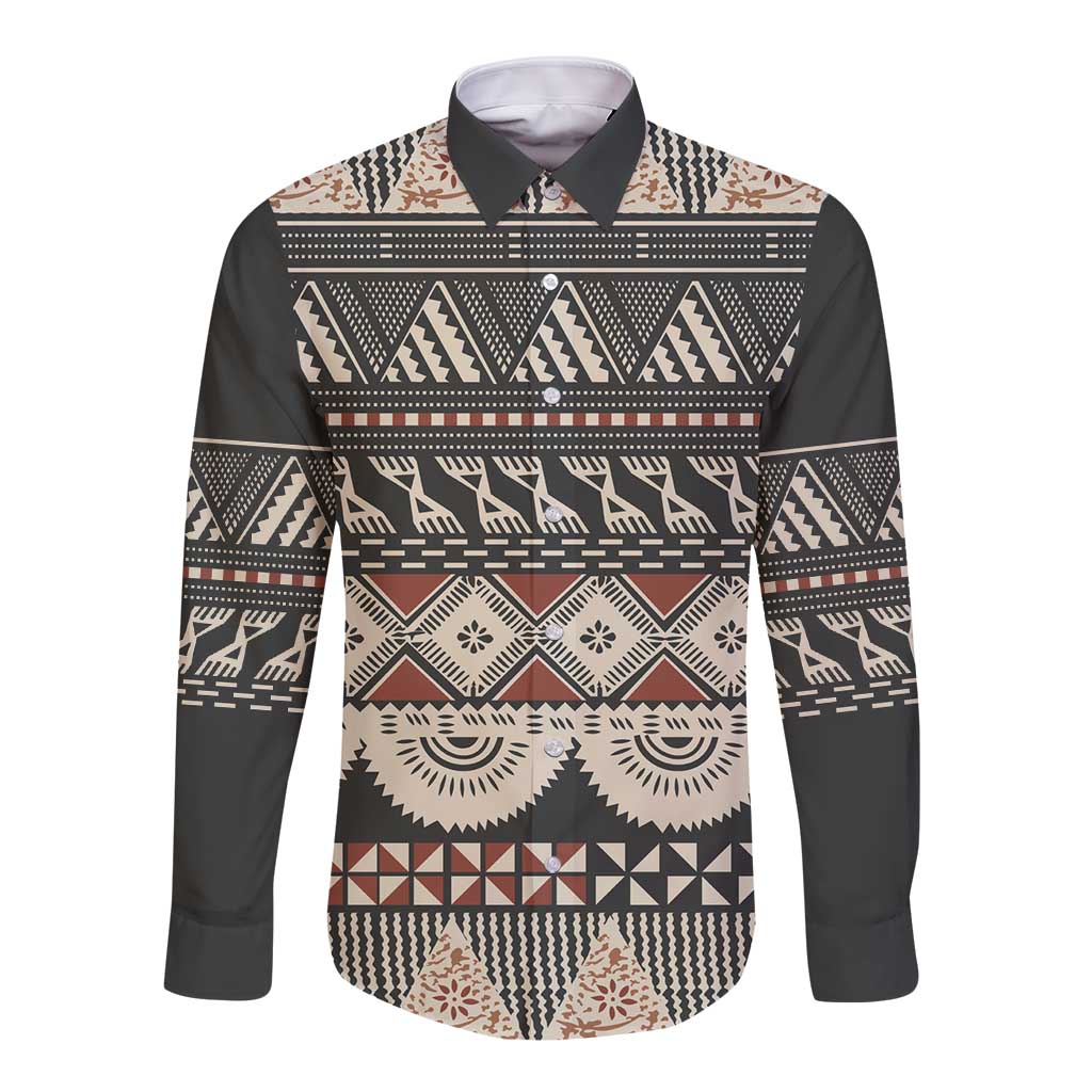 Vintage Bula Fiji Masi Long Sleeve Button Shirt Fijian Tapa Cloth LT14 Unisex Charcoal - Polynesian Pride