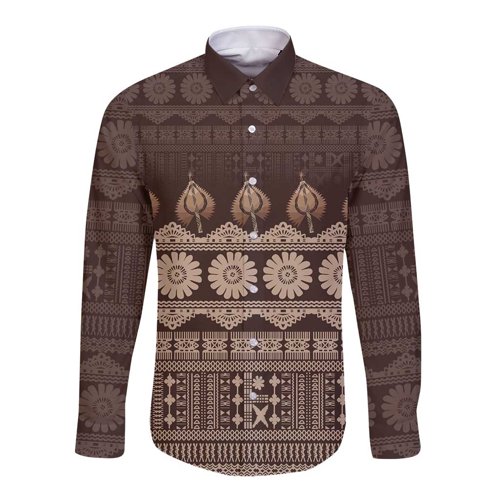 Bula Fiji Iri ni Meke Long Sleeve Button Shirt Kuvui Fijian Masi LT14 Unisex Brown - Polynesian Pride