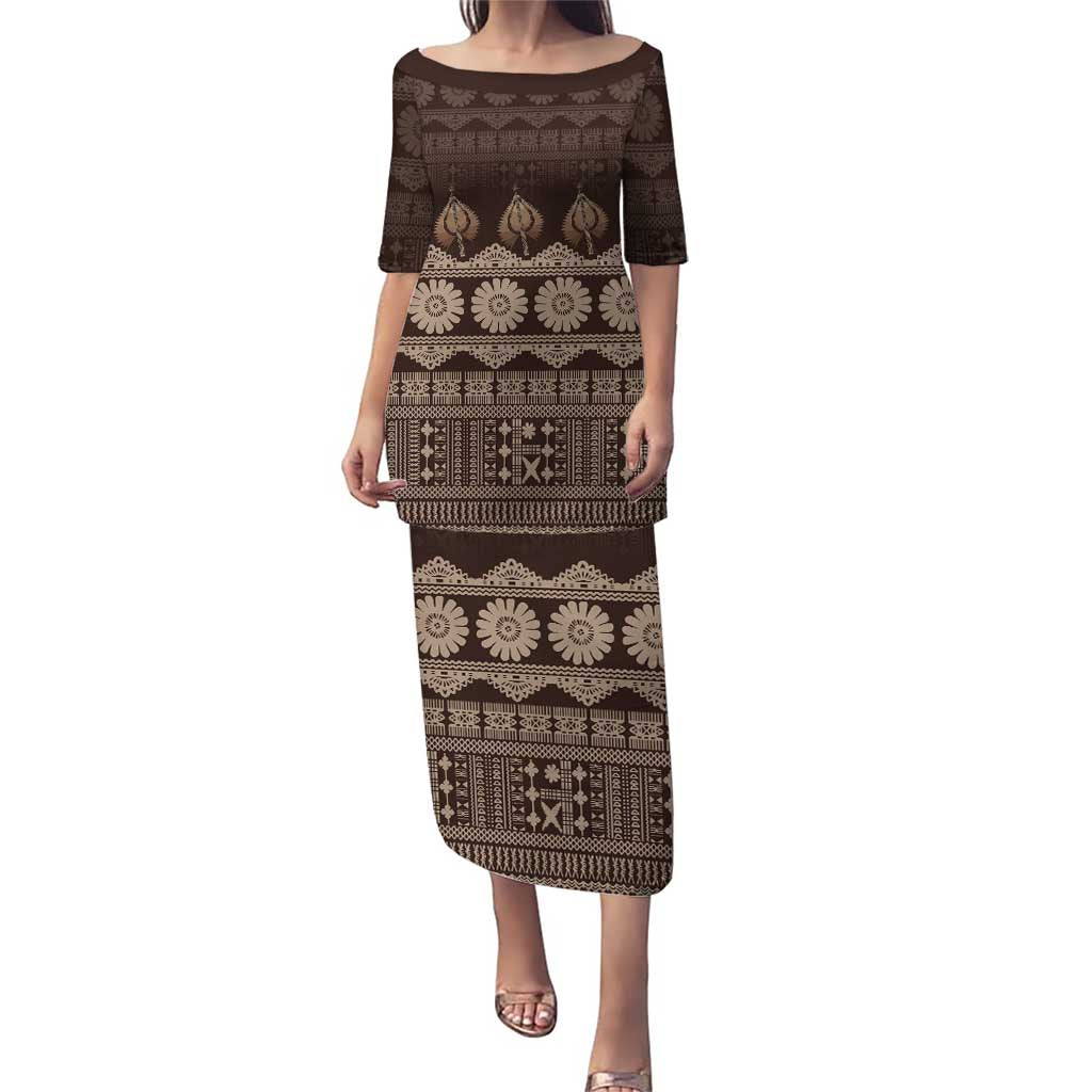 Bula Fiji Iri ni Meke Puletasi Kuvui Fijian Masi LT14 Long Dress Brown - Polynesian Pride